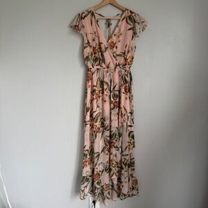 Band of Gypsies Pink Floral Maxi Dress Flutter Sleeve Wrap V-Neck Boho Medium